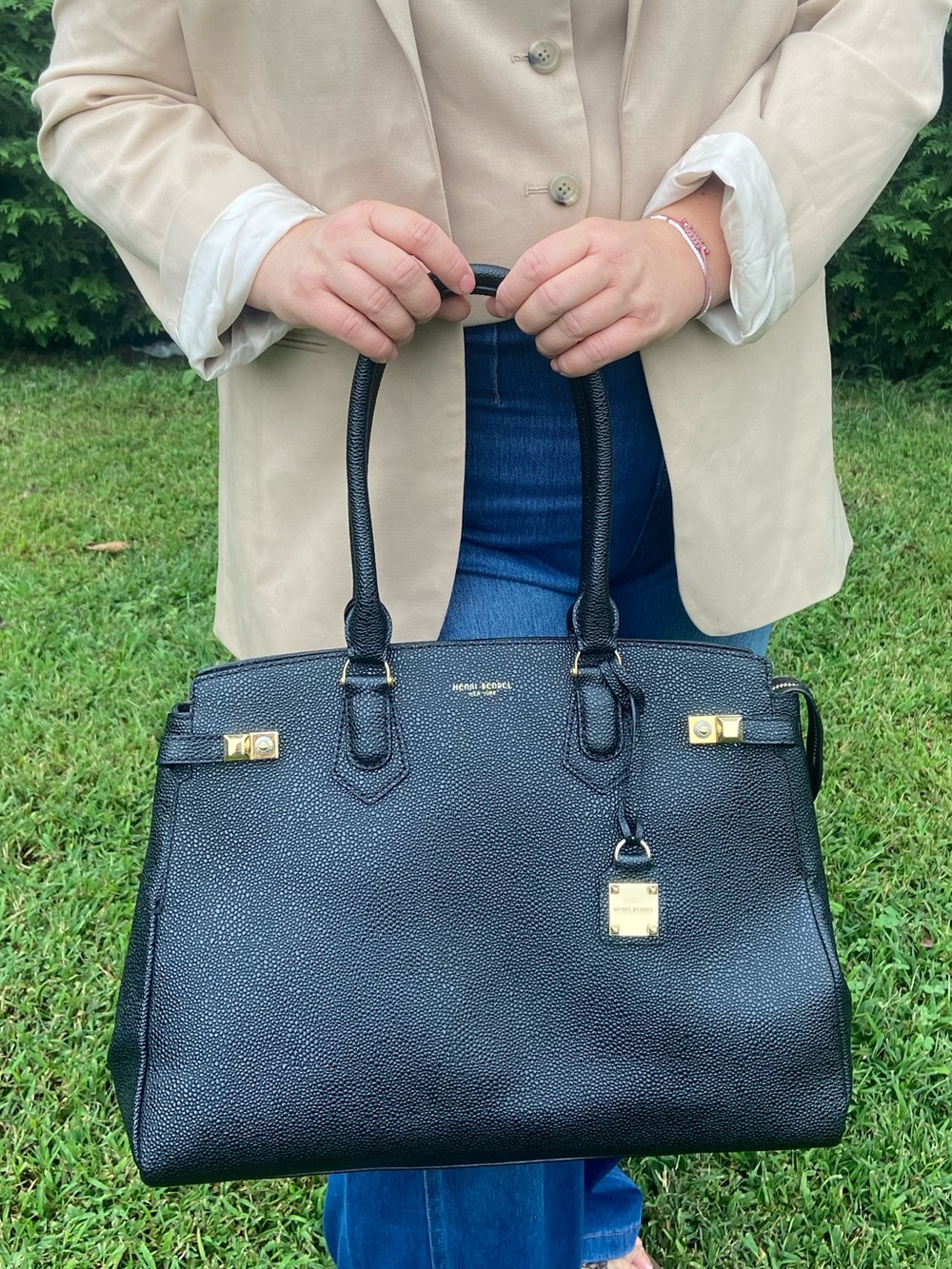 Henri Bendel Carlyle Tote Black Leather Gold Hardware Satchel Tote Bag